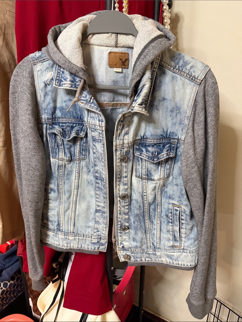 American Eagle Outfitters Light Blue Denim Jacket with Gray Sleeves & Hood